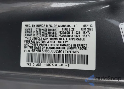 2013 Honda Odyssey Touring/Touring Elite z USA, uszkodzony, nr VIN 5FNRL5H95DB085617